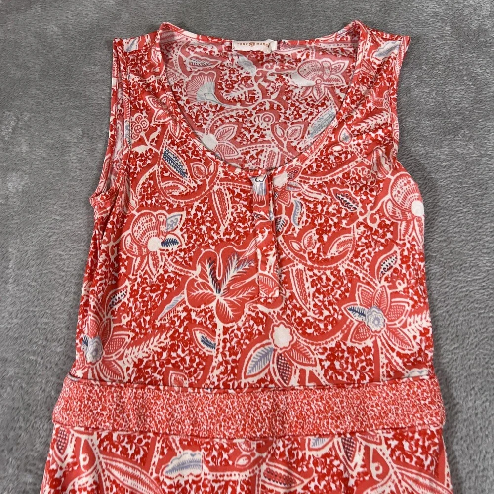 Tory Burch Dress Womens XS Red Floral Silk Sleeveless Keyhole Summer‎ Vacation